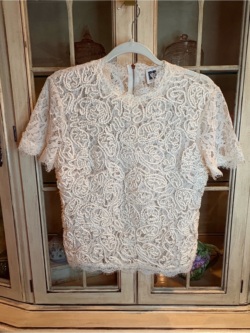 Anne Klein Sheer Cream Lace Short Sleeve Blouse